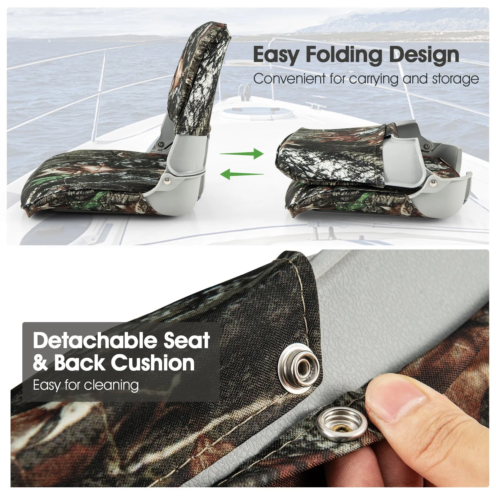 Low Back Folding Padded Boat Seat with 4 Bolts for Outdoor Adventures-Camouflage