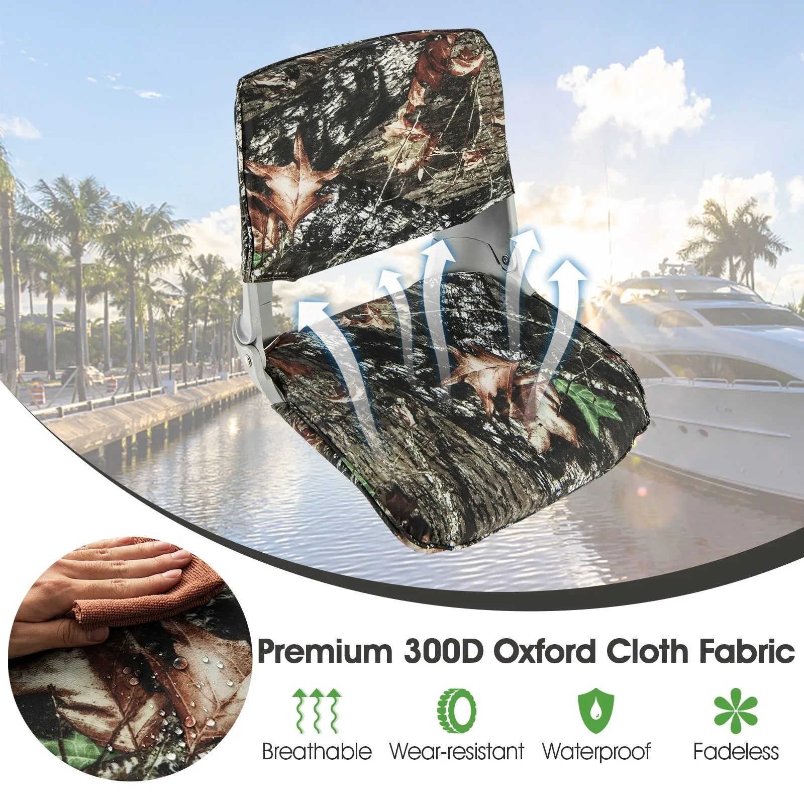 Low Back Folding Padded Boat Seat with 4 Bolts for Outdoor Adventures-Camouflage