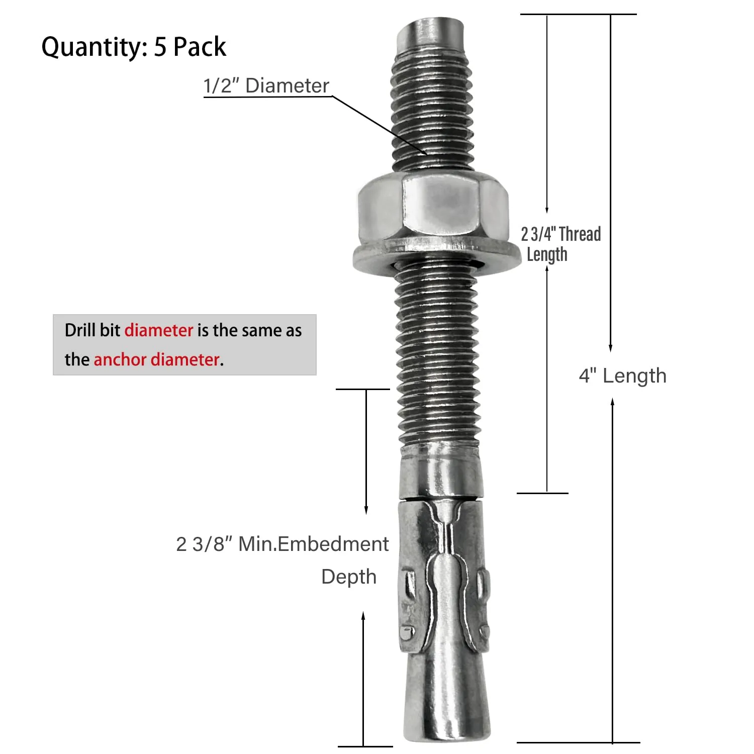 M12 x 100 Wedge Anchor Bolt, 5pcs 304 Stainless Steel Expansion Anchors Heavy Duty Expansion Screw for Concrete