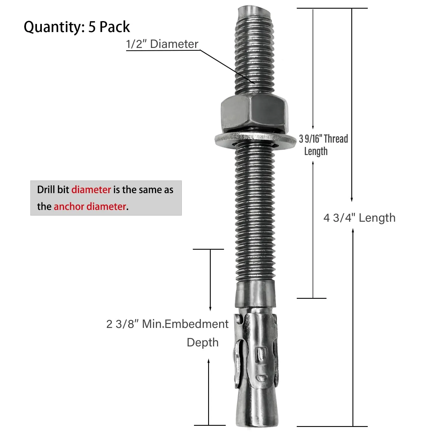 M12 x 120 Wedge Anchor Bolt, 5pcs 304 Stainless Steel Expansion Anchors Heavy Duty Expansion Screw for Concrete