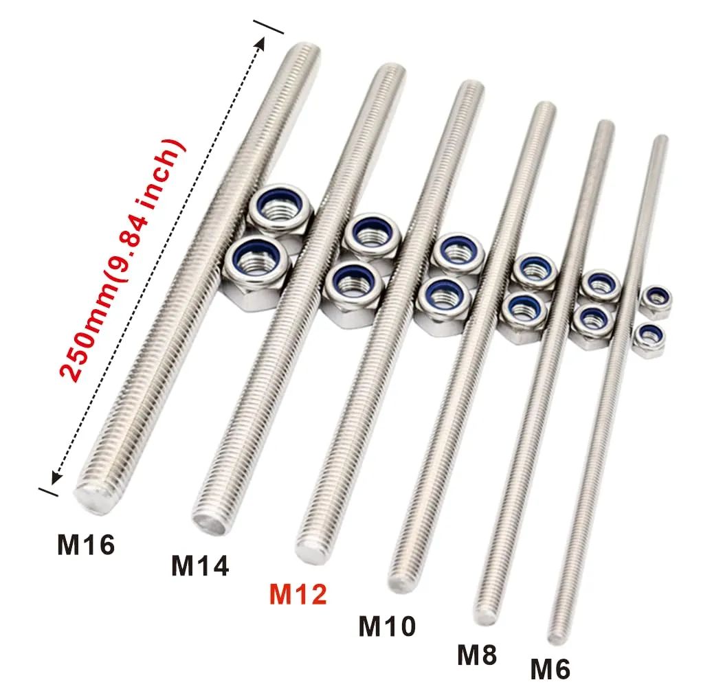 M12x250mm Fully Threaded Rod Studs Long Metric Threaded Screw 304 Stainless Steel Right Hand Threads All Threaded Rod Studs for Anchor Bolts Clamps Hangers U-Bolts 5 Pack