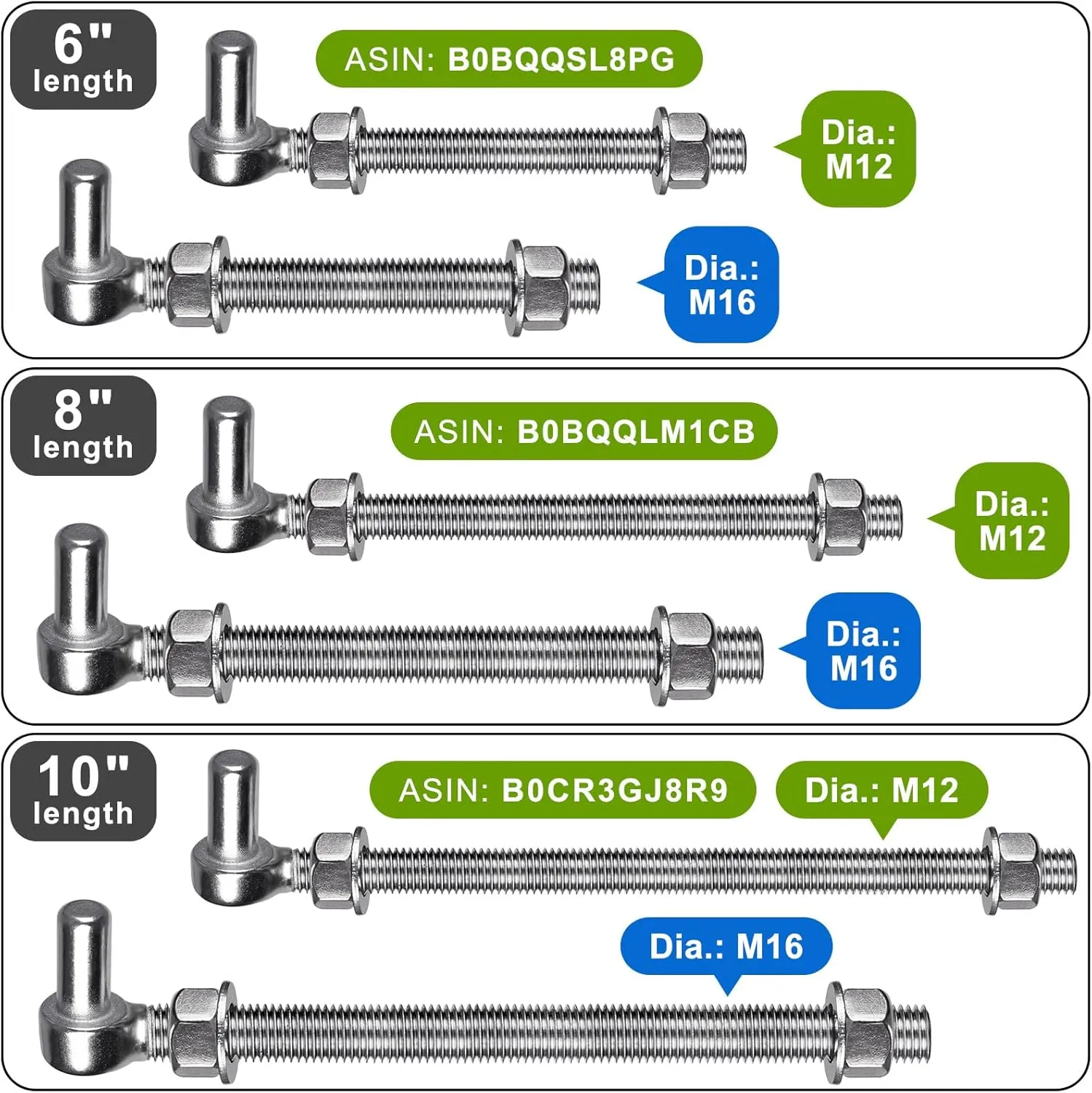 M16x 10'' J-Bolt Gate Hinge, 304 Stainless Steel J-Bolt Post Hinge for Farm Gate, 5/8" Male Pin J-Bolt Hinge for Chain Link Fence Gate, Gate Hinges for Metal Gates (2Pcs)