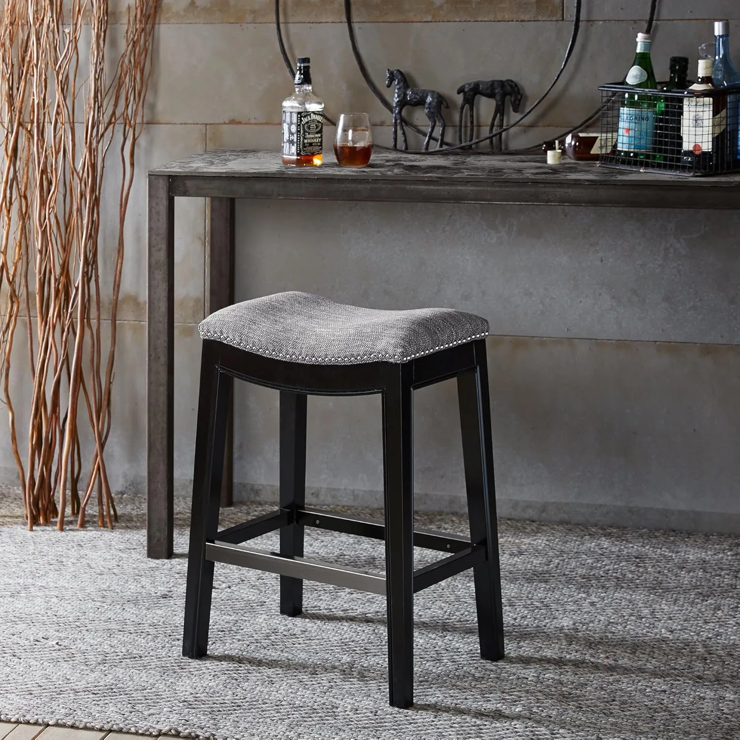 Madison Park Belfast Bar Stools, Contour Fabric Padded Seat, Nail Head Trim, Modern Kitchen Counter Chair, Solid Hardwood, Metal Kickplate Footrest, Dining Room Accent Furniture, Grey