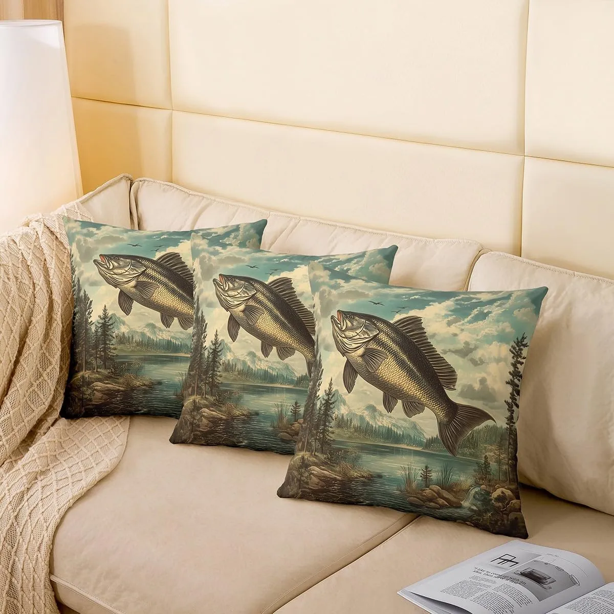 Manfei Fishing and Hunting Throw Pillow Covers,Lake Lakeside Fishing Cushion Covers 22"x22" for Boys Teens,Jungle Trees River Pillowcases for Car RV,Retro Farmhouse Style Pillow Covers,Set of 2