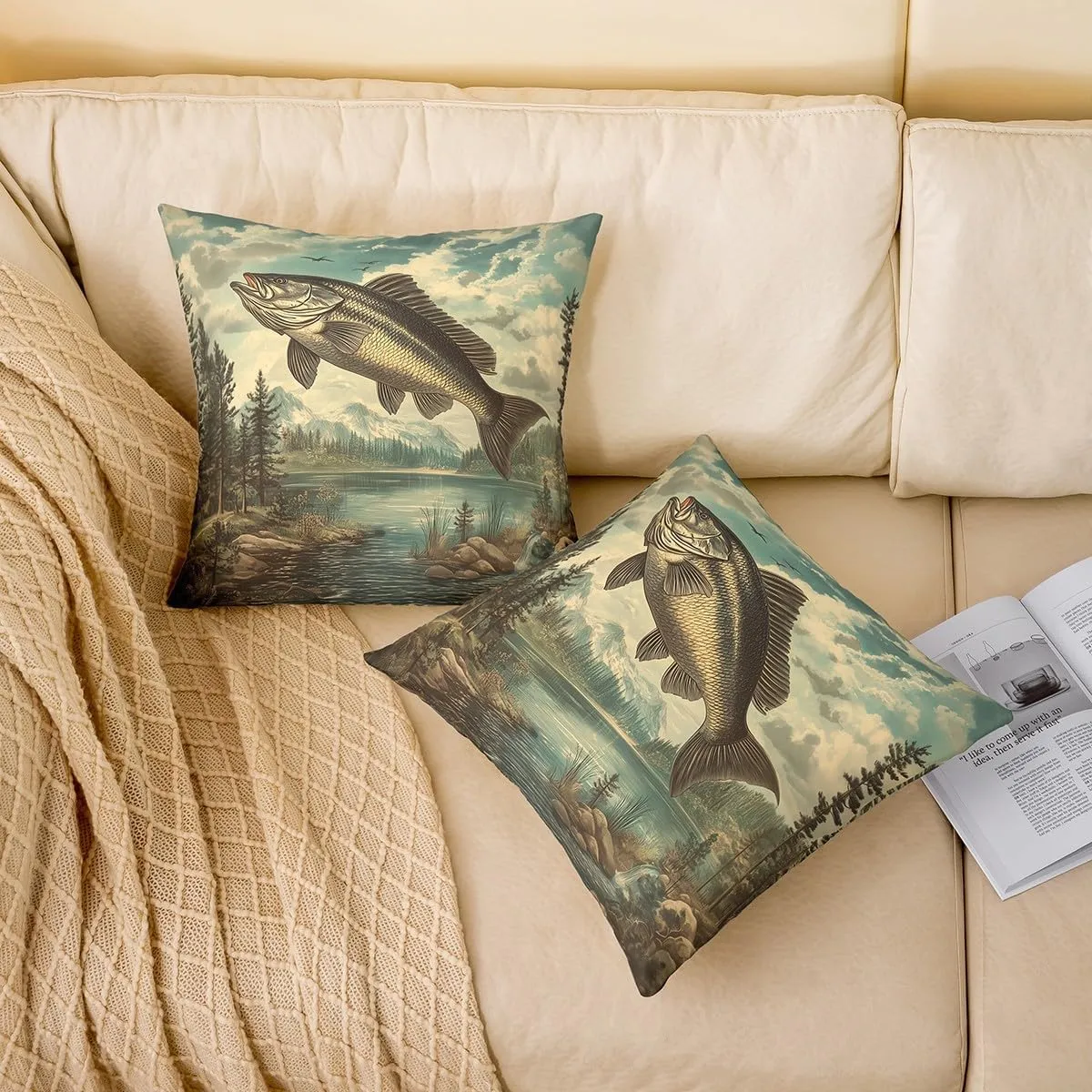 Manfei Fishing and Hunting Throw Pillow Covers,Lake Lakeside Fishing Cushion Covers 22"x22" for Boys Teens,Jungle Trees River Pillowcases for Car RV,Retro Farmhouse Style Pillow Covers,Set of 2