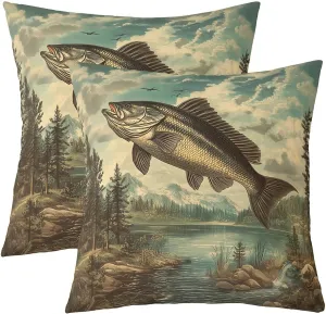 Manfei Fishing and Hunting Throw Pillow Covers,Lake Lakeside Fishing Cushion Covers 22"x22" for Boys Teens,Jungle Trees River Pillowcases for Car RV,Retro Farmhouse Style Pillow Covers,Set of 2