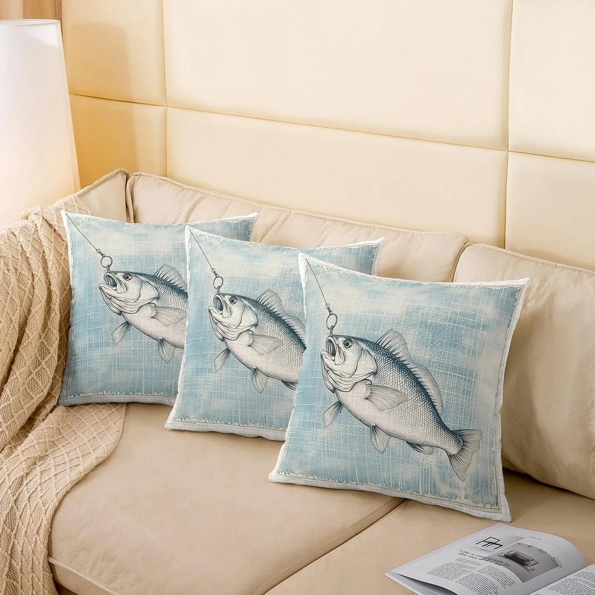 Manfei Rustic Farmhouse Fishing Pillow Covers 22"x22",Bass Fish Hamd Drawn Cushion Covers for Couch Sofa, Jungle Fishing and Hunting Outdoor Pillow Covers,Rustic Style Reversible Throw Pillow Covers