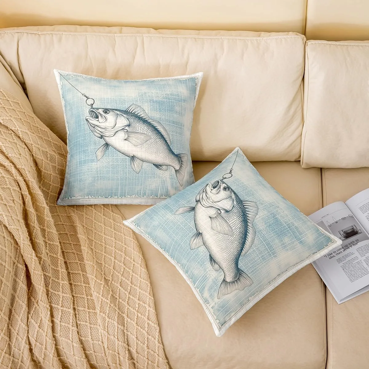 Manfei Rustic Farmhouse Fishing Pillow Covers 22"x22",Bass Fish Hamd Drawn Cushion Covers for Couch Sofa, Jungle Fishing and Hunting Outdoor Pillow Covers,Rustic Style Reversible Throw Pillow Covers