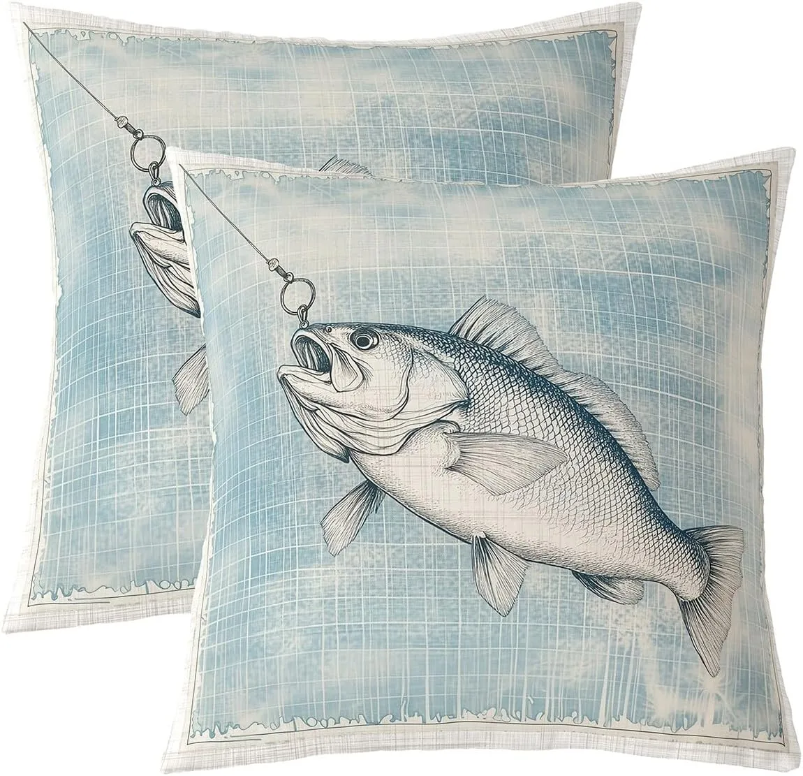 Manfei Rustic Farmhouse Fishing Pillow Covers 22"x22",Bass Fish Hamd Drawn Cushion Covers for Couch Sofa, Jungle Fishing and Hunting Outdoor Pillow Covers,Rustic Style Reversible Throw Pillow Covers