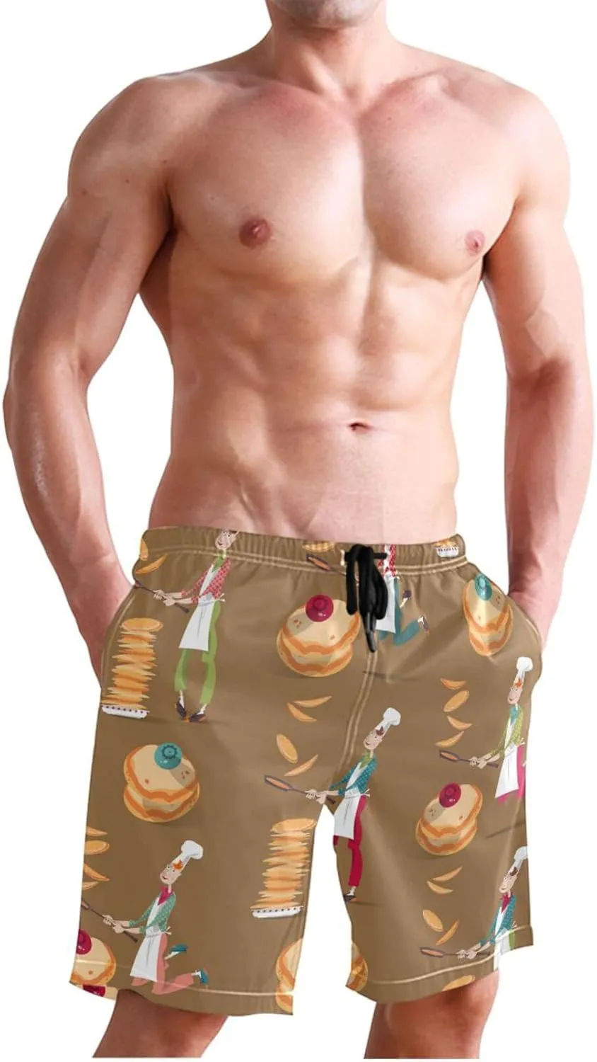 Men's Swim Trunks Quick Dry Swimming Shorts with Pocket Pancake in Frying Pan Swimsuit Trunks