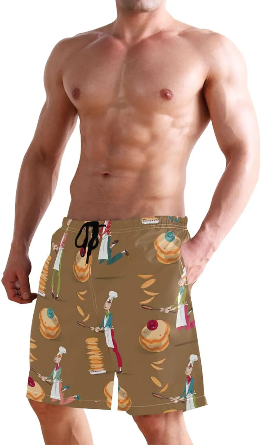Men's Swim Trunks Quick Dry Swimming Shorts with Pocket Pancake in Frying Pan Swimsuit Trunks