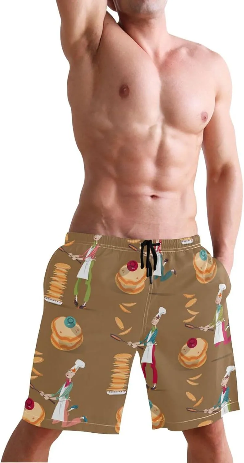 Men's Swim Trunks Quick Dry Swimming Shorts with Pocket Pancake in Frying Pan Swimsuit Trunks