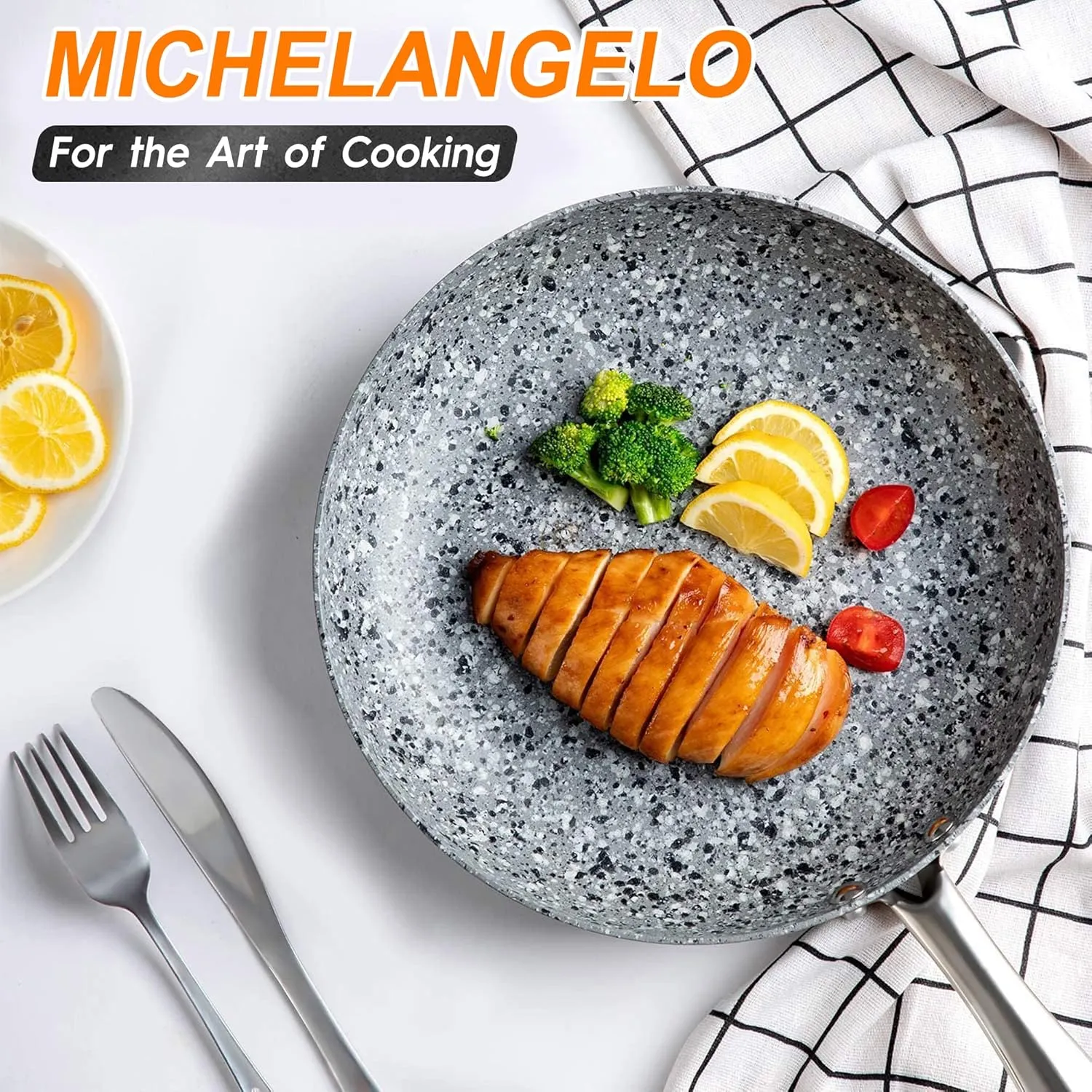 MICHELANGELO 10 Inch Frying Pan with Lid, Nonstick Frying Pan with Non Toxic Granite Coating, Stone Skillet, Non Stick Fry Pans, Induction Compatible