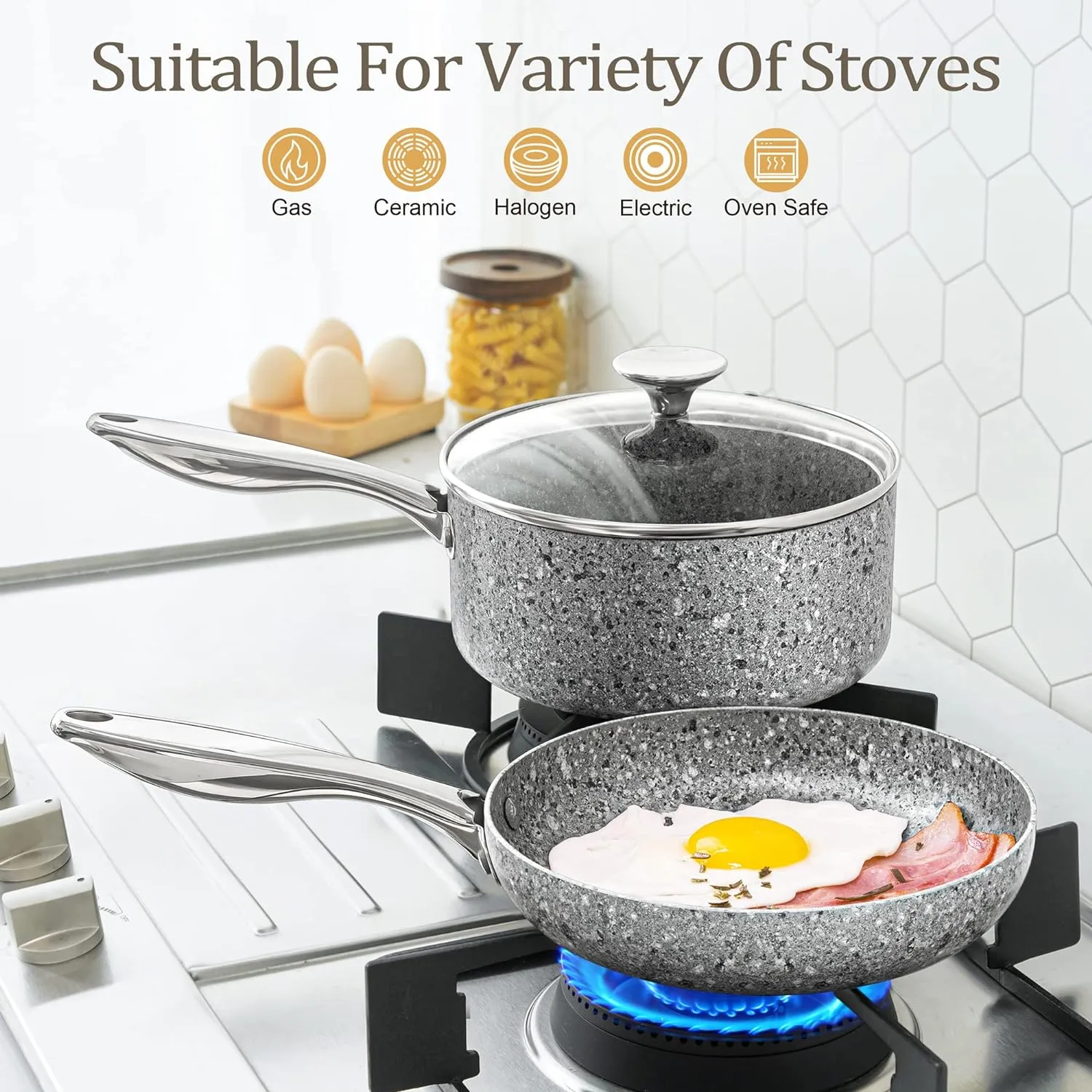 MICHELANGELO 10 Inch Frying Pan with Lid, Nonstick Frying Pan with Non Toxic Granite Coating, Stone Skillet, Non Stick Fry Pans, Induction Compatible