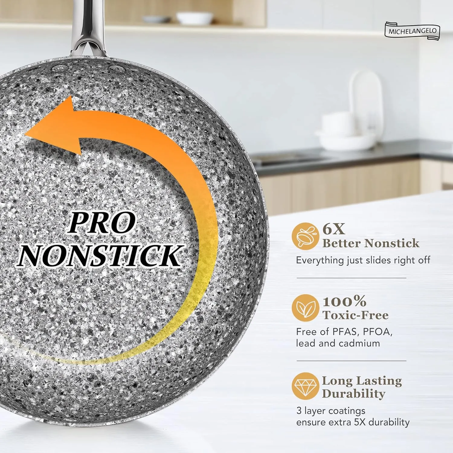 MICHELANGELO 10 Inch Frying Pan with Lid, Nonstick Frying Pan with Non Toxic Granite Coating, Stone Skillet, Non Stick Fry Pans, Induction Compatible