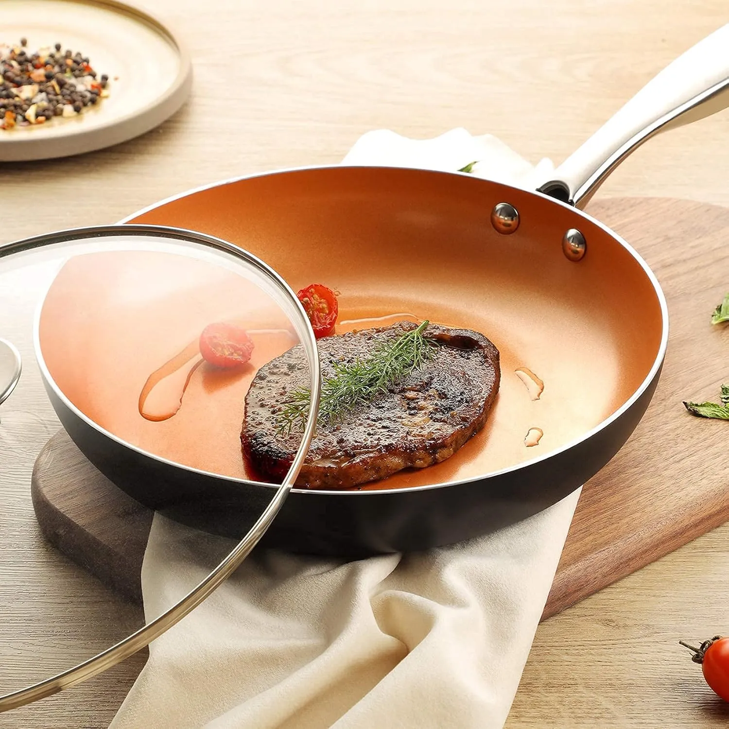 MICHELANGELO Frying Pan with Lid, Nonstick 8 Inch Frying Pan with Ceramic Titanium Coating, Copper Frying Pan with Lid, Small Frying Pan 8 Inch, Nonstick Frying Pans