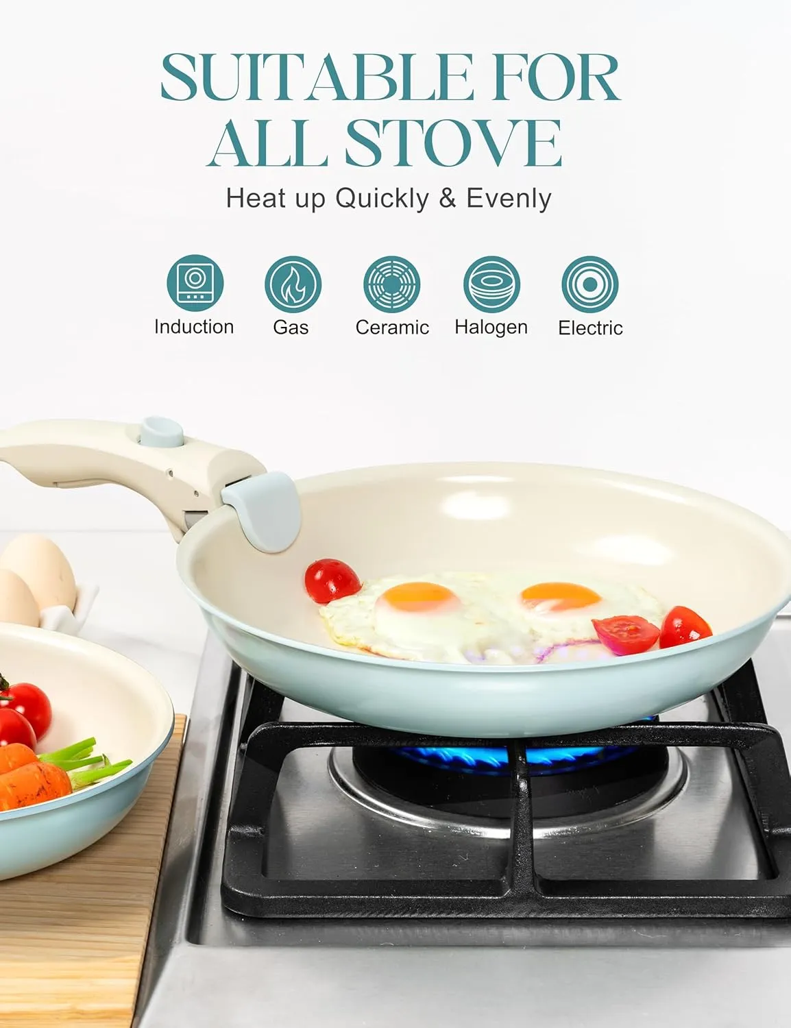 MICHELANGELO Nonstick Frying Pan Set Removable Handle, 8" 9.5" and 11" Ceramic Frying Pans, Skillets with Detachable Handle, Non Toxic Pans for Cooking, PFOA Free, Oven Safe, Blue