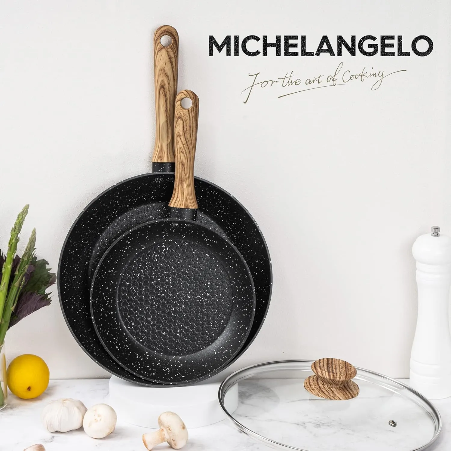 MICHELANGELO Nonstick Frying Pan with Lid, 8 Inch Frying Pans Nonstick with Healthy Coating, Small Frying Pan with Stay-Cool Handle, Induction Compatible