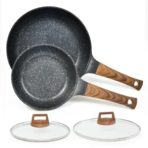 MOJIRE Nonstick Frying Pans Set with Lid 10 In 11.5 In Aluminum Granite Coating Chefs Pan Non Stick Flat Skillet Set with Glass Cover Cookware Set Suitable for Gas Stove Induction Glass Top