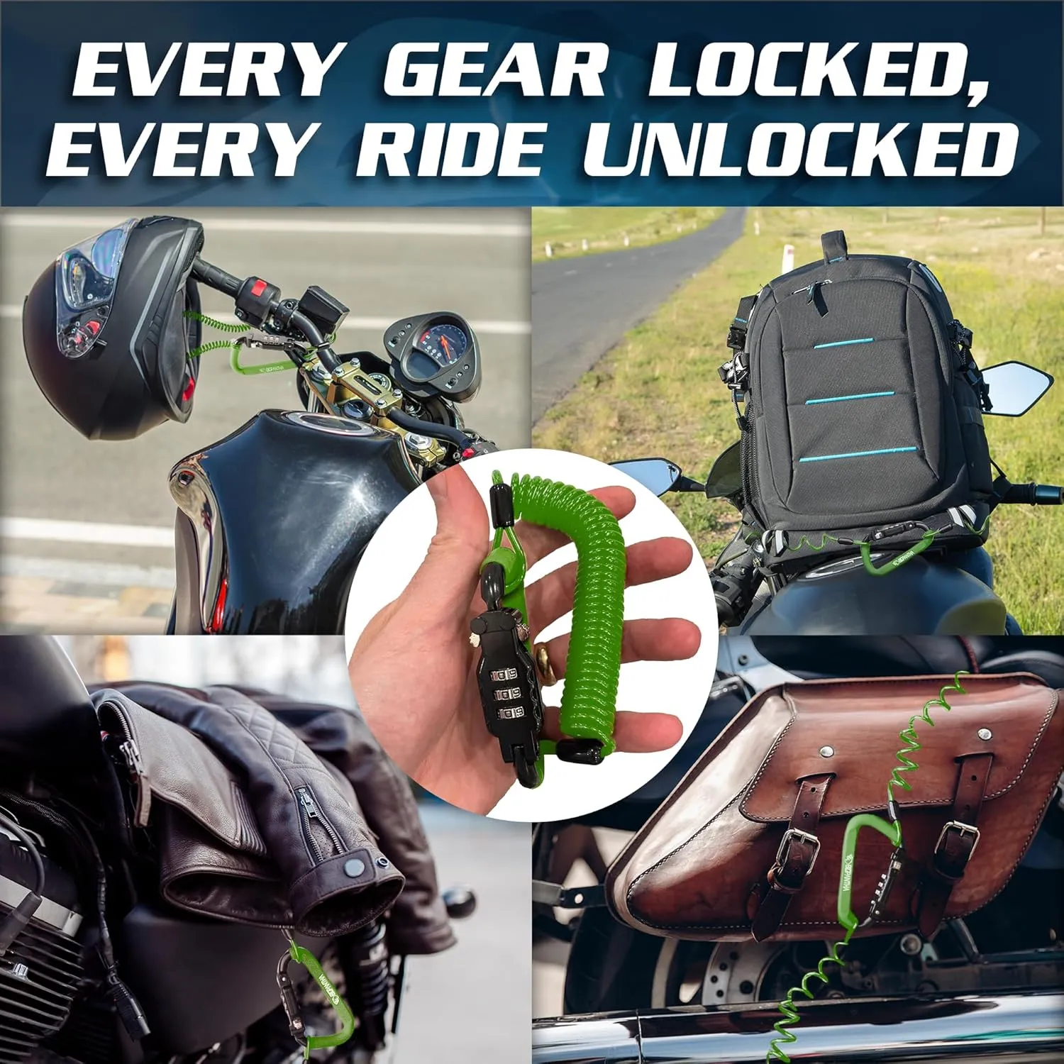 Motorcycle Helmet Lock & Security Cable - Green Carabiner Combination Lock Secures Your Helmet, Jacket, Gloves, or Bag - Helmet Lock with Free Carry Pouch & a Small Flashlight