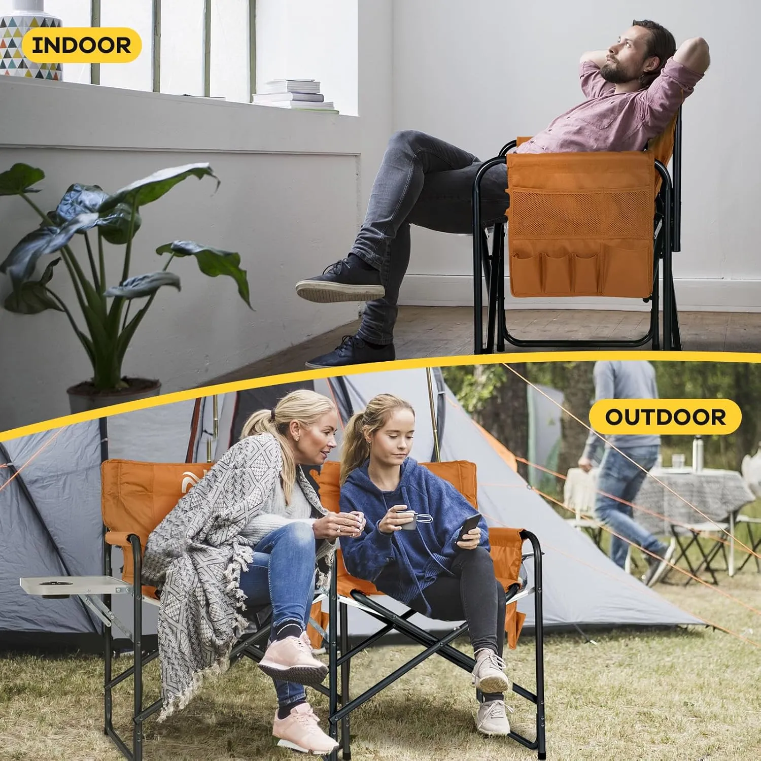 NAIZEA Heated Director Chair-Heated Camping Chair for Adult, Heated Outdoor Chairs, Oversized High Director Chairs with Side Table Pockets, Makeup Folding Fishing Seat Supports 550lbs