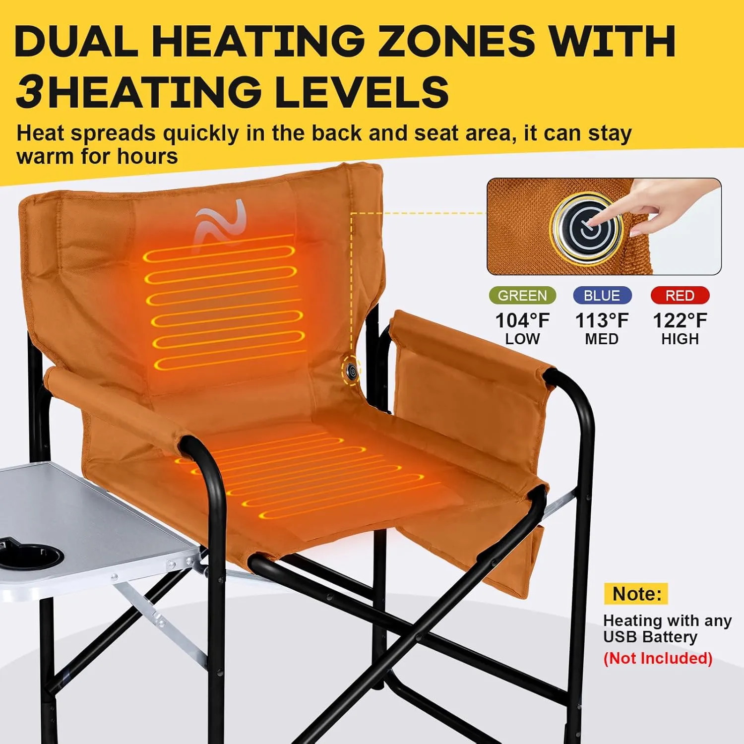 NAIZEA Heated Director Chair-Heated Camping Chair for Adult, Heated Outdoor Chairs, Oversized High Director Chairs with Side Table Pockets, Makeup Folding Fishing Seat Supports 550lbs