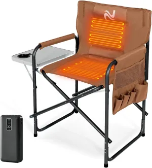 NAIZEA Heated Director Chair-Heated Camping Chair for Adult, Heated Outdoor Chairs, Oversized High Director Chairs with Side Table Pockets, Makeup Folding Fishing Seat Supports 550lbs