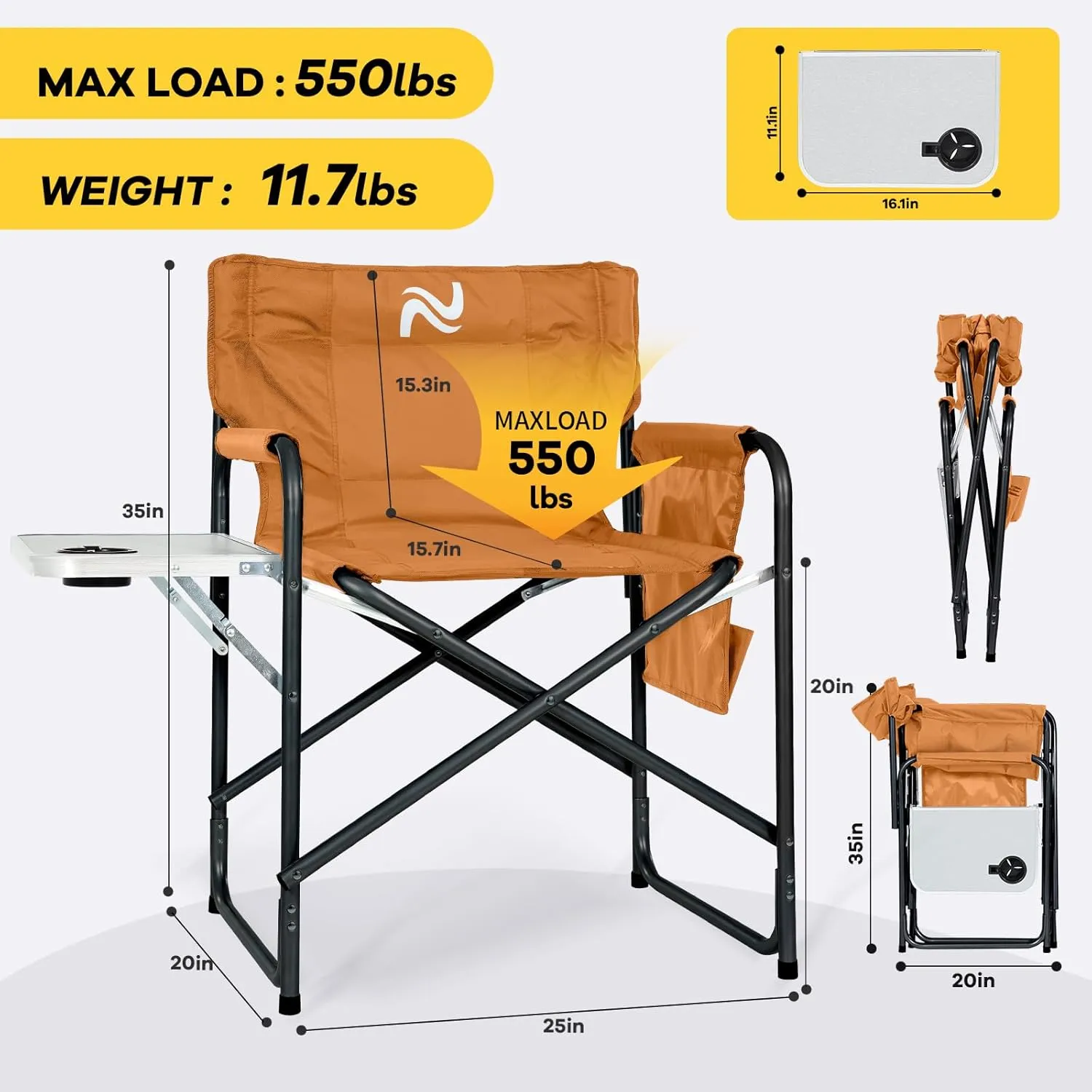 NAIZEA Heated Director Chair-Heated Camping Chair for Adult, Heated Outdoor Chairs, Oversized High Director Chairs with Side Table Pockets, Makeup Folding Fishing Seat Supports 550lbs