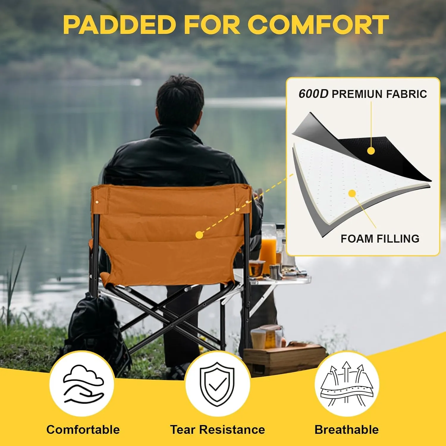 NAIZEA Heated Director Chair-Heated Camping Chair for Adult, Heated Outdoor Chairs, Oversized High Director Chairs with Side Table Pockets, Makeup Folding Fishing Seat Supports 550lbs