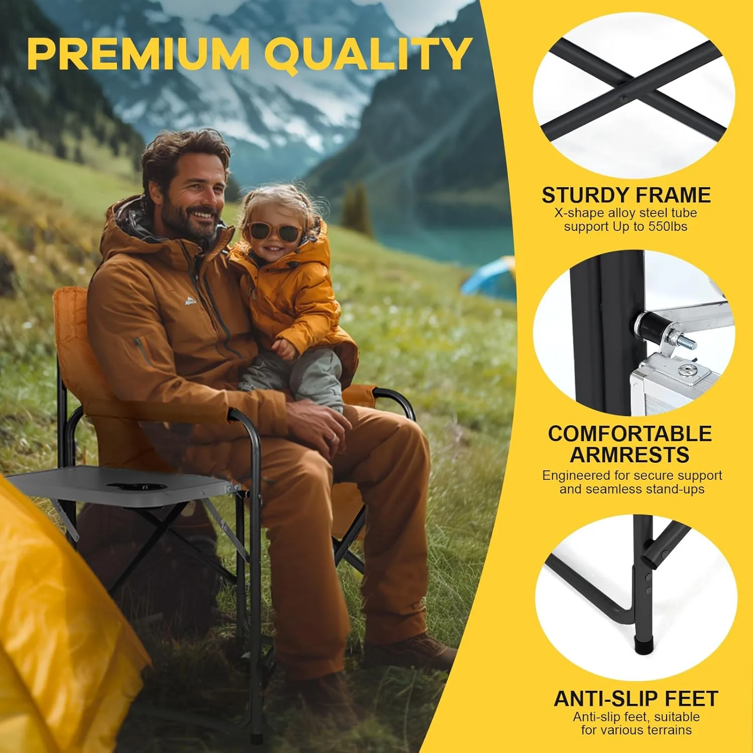 NAIZEA Heated Director Chair-Heated Camping Chair for Adult, Heated Outdoor Chairs, Oversized High Director Chairs with Side Table Pockets, Makeup Folding Fishing Seat Supports 550lbs