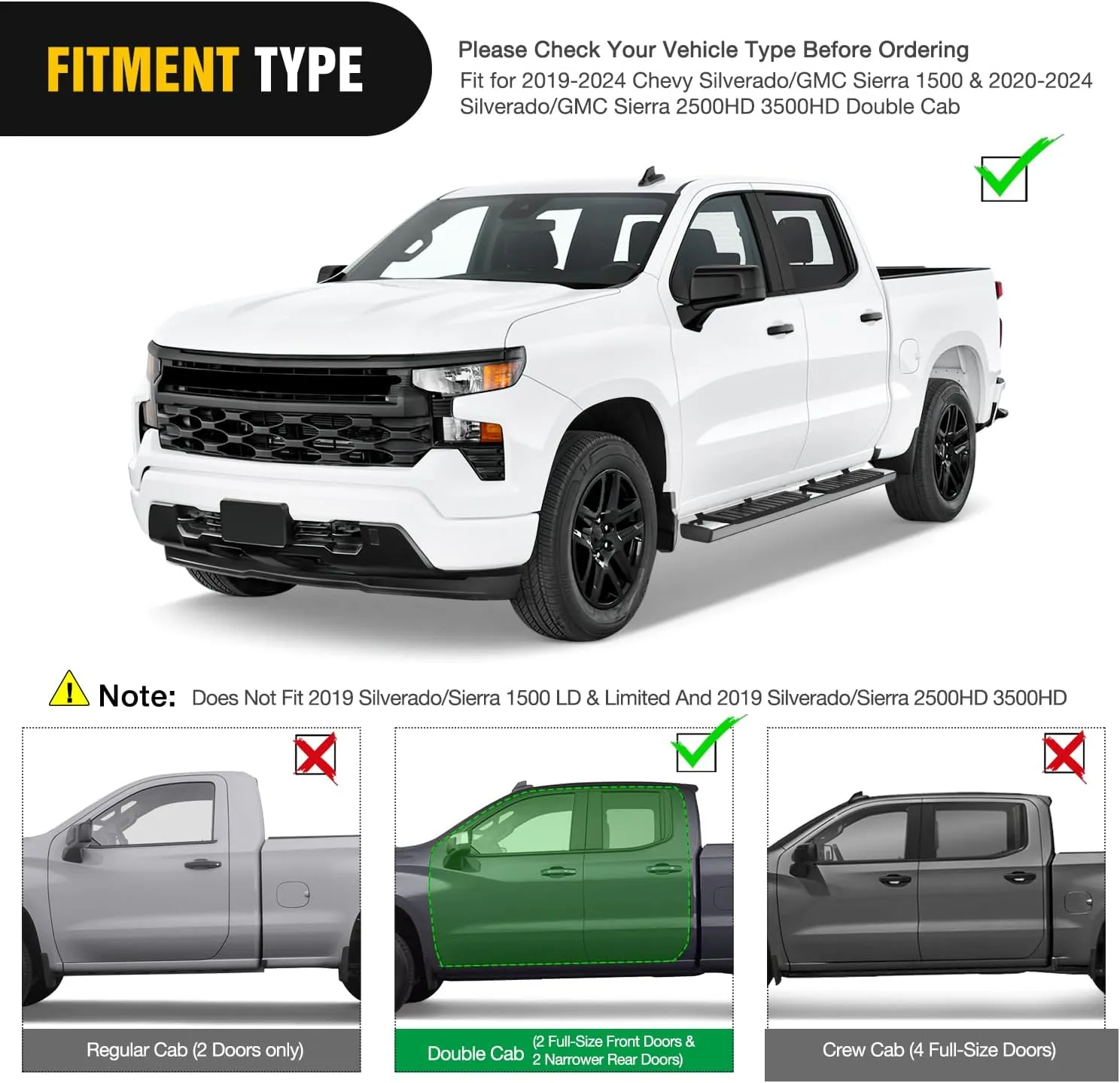 Nilight Running Boards for 2019-2024 Chevy Silverado/GMC Sierra 1500 Double Cab 2020-2024 Silverado/GMC Sierra 2500HD 3500HD 6 Inch Stainless Steel Bolt-on Side Step Nerf Bars