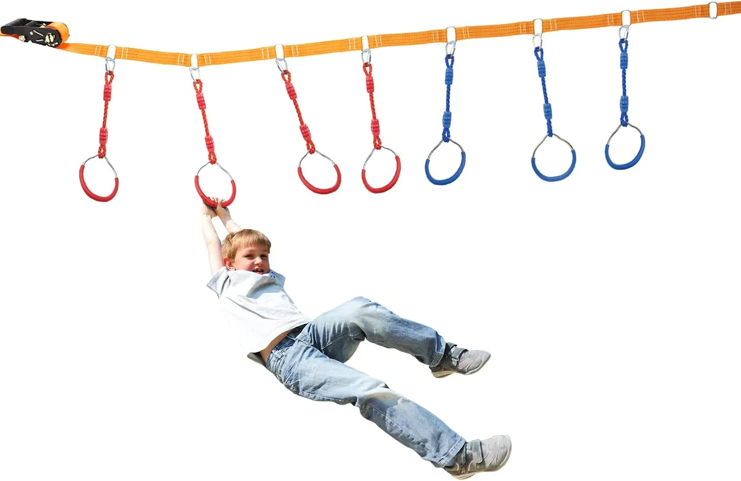 Ninja Ring Backyard Gymnastic Fitness Fist Jungle Gym Play Set Kids Playground Training Equipment, 2 Blue Fun Swing Monkey Bar Hang Climbing Ring Warrior Obstacle Course Trapeze Slackline Attachments