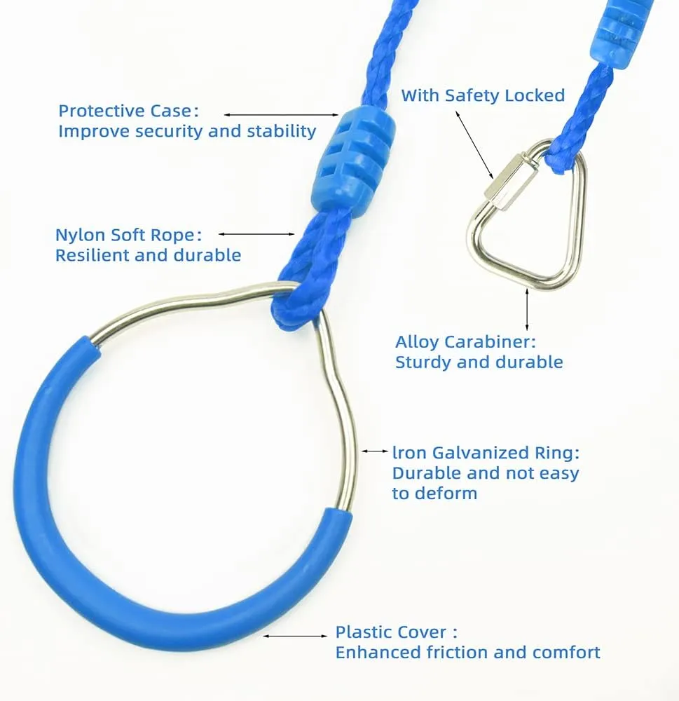 Ninja Ring Backyard Gymnastic Fitness Fist Jungle Gym Play Set Kids Playground Training Equipment, 2 Blue Fun Swing Monkey Bar Hang Climbing Ring Warrior Obstacle Course Trapeze Slackline Attachments