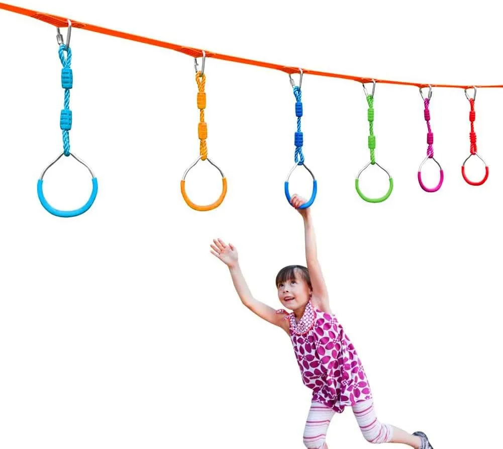 Ninja Ring Backyard Gymnastic Fitness Fist Jungle Gym Play Set Kids Playground Training Equipment, 2 Blue Fun Swing Monkey Bar Hang Climbing Ring Warrior Obstacle Course Trapeze Slackline Attachments