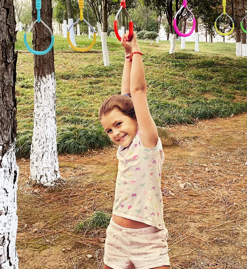 Ninja Ring Backyard Gymnastic Fitness Fist Jungle Gym Play Set Kids Playground Training Equipment, 2 Blue Fun Swing Monkey Bar Hang Climbing Ring Warrior Obstacle Course Trapeze Slackline Attachments