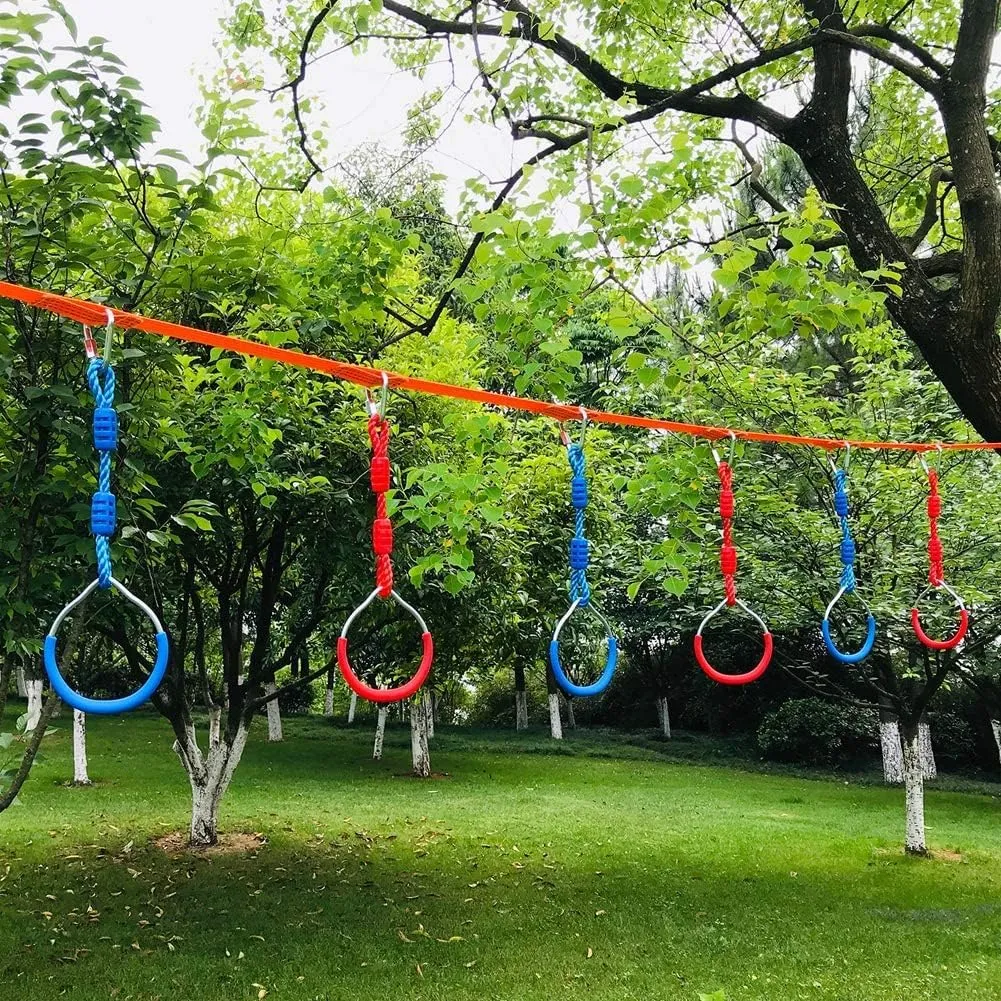 Ninja Ring Backyard Gymnastic Fitness Fist Jungle Gym Play Set Kids Playground Training Equipment, 2 Blue Fun Swing Monkey Bar Hang Climbing Ring Warrior Obstacle Course Trapeze Slackline Attachments