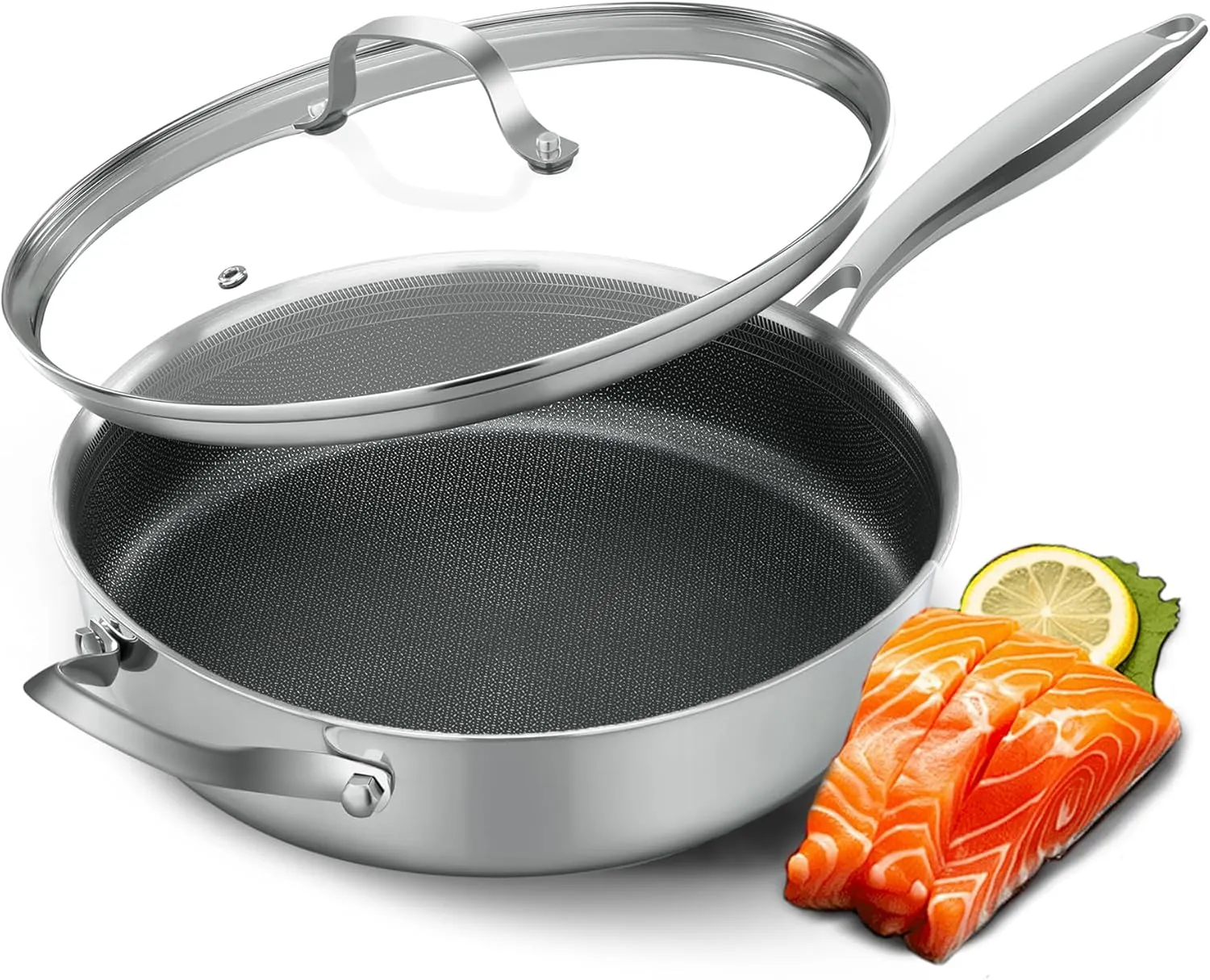 Non Stick Frying Pans,Hybrid Frying Pan with Lid,Non Toxic Frying Pans Nonstick,Stainless Steel Skillet,Dishwasher and Oven-Safe,Compatible with All Cooktops,Induction,11 in
