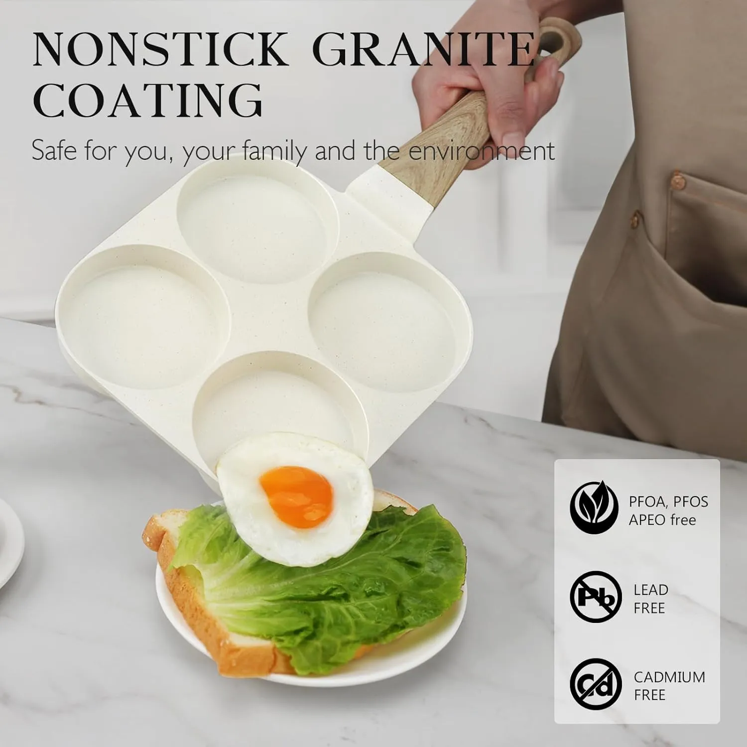 Nonstick Egg Frying Pan, 4-Cup Granite Non Stick Omelette Pan Skillet for Breakfast, Pancake Pan with Heat-Resistant Handle, Compatible with All Stovetops, Easy to Clean, PFOA Free, White