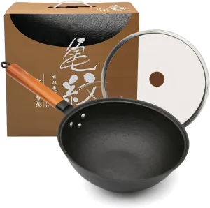 Nonstick Frying Wok Pan Hybrid, 10 Inch Preseasoned Deep Stir Fry Pan Skillet with Glass Lid, Traditional Chinese Cast Iron Wok, No Coated Saucepan for Induction, Electric, Gas, Grill Stoves