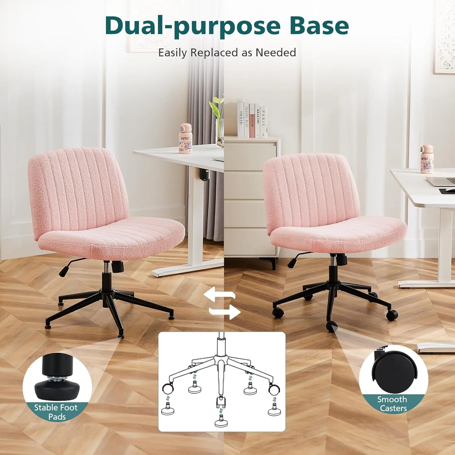 OLIXIS Criss Cross Legged Chairs Armless with Wheels Wide Seat Height Adjustable Swivel Padded Home Office Desk Seating for Bedroom, Student, Study Room