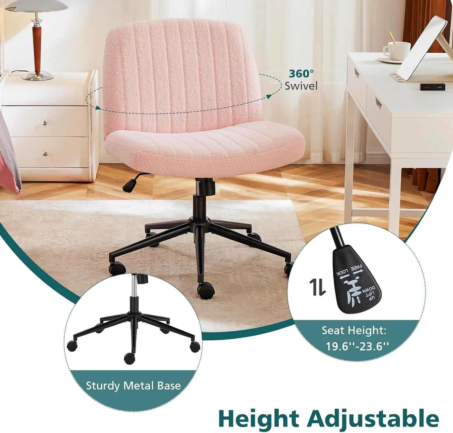 OLIXIS Criss Cross Legged Chairs Armless with Wheels Wide Seat Height Adjustable Swivel Padded Home Office Desk Seating for Bedroom, Student, Study Room