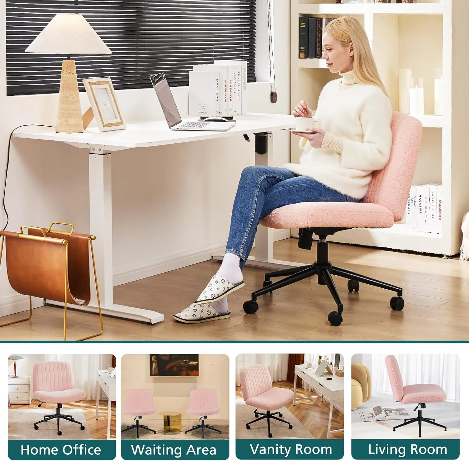 OLIXIS Criss Cross Legged Chairs Armless with Wheels Wide Seat Height Adjustable Swivel Padded Home Office Desk Seating for Bedroom, Student, Study Room