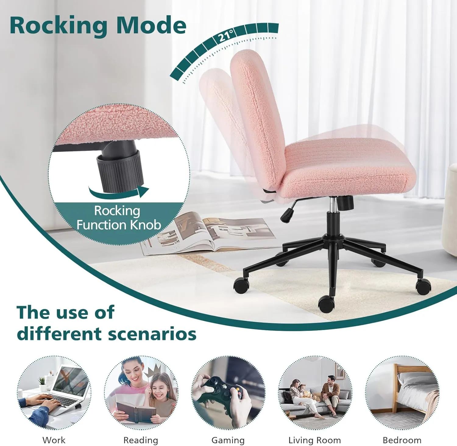OLIXIS Criss Cross Legged Chairs Armless with Wheels Wide Seat Height Adjustable Swivel Padded Home Office Desk Seating for Bedroom, Student, Study Room