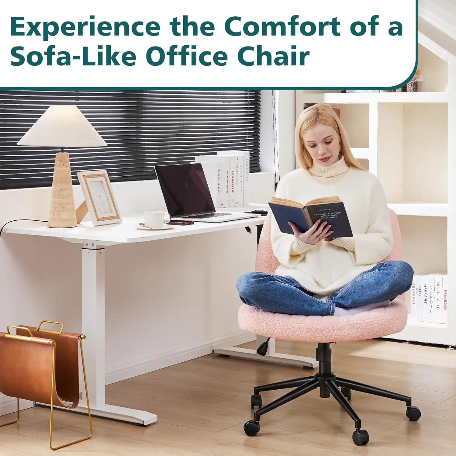 OLIXIS Criss Cross Legged Chairs Armless with Wheels Wide Seat Height Adjustable Swivel Padded Home Office Desk Seating for Bedroom, Student, Study Room