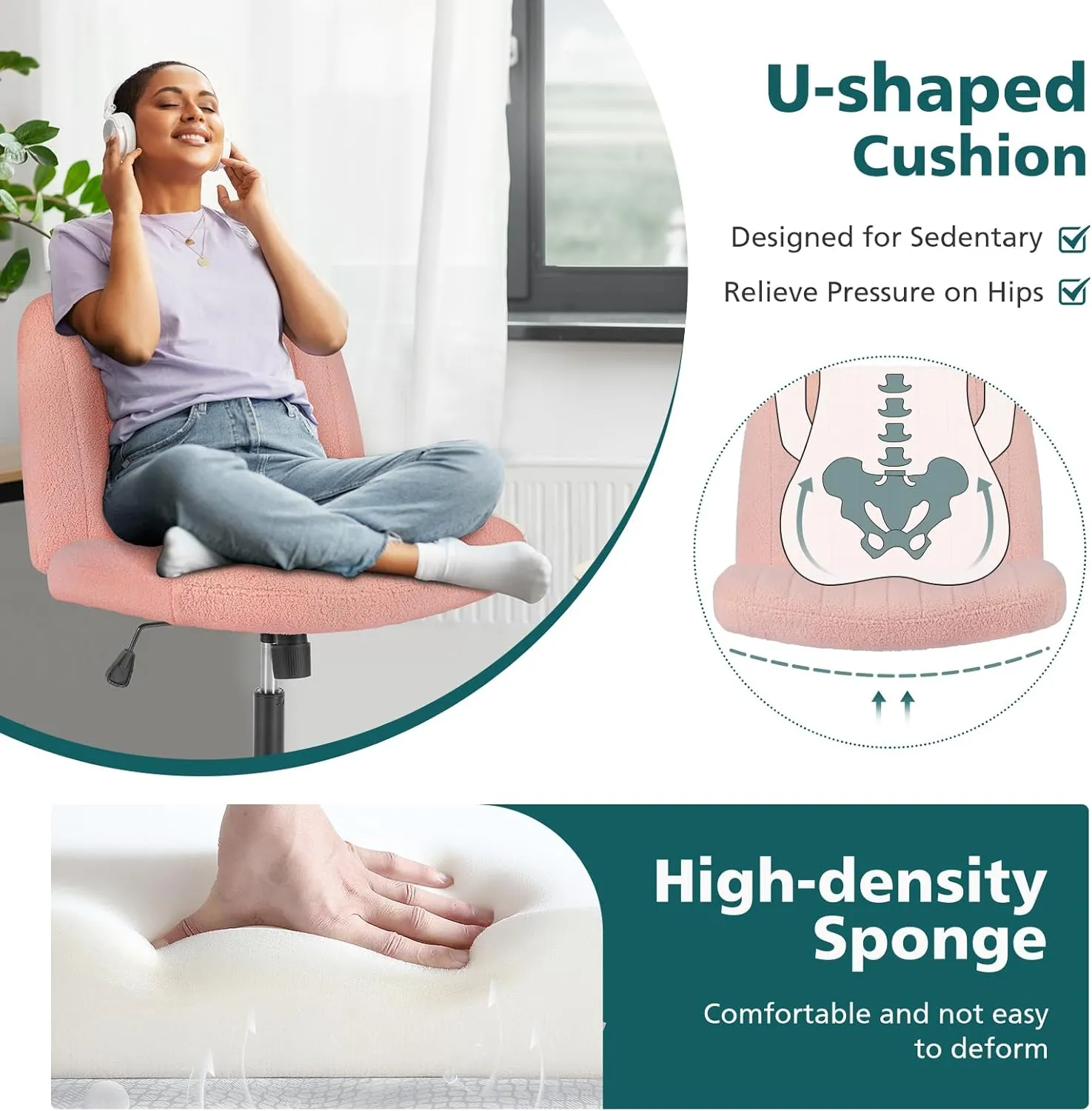 OLIXIS Criss Cross Legged Chairs Armless with Wheels Wide Seat Height Adjustable Swivel Padded Home Office Desk Seating for Bedroom, Student, Study Room
