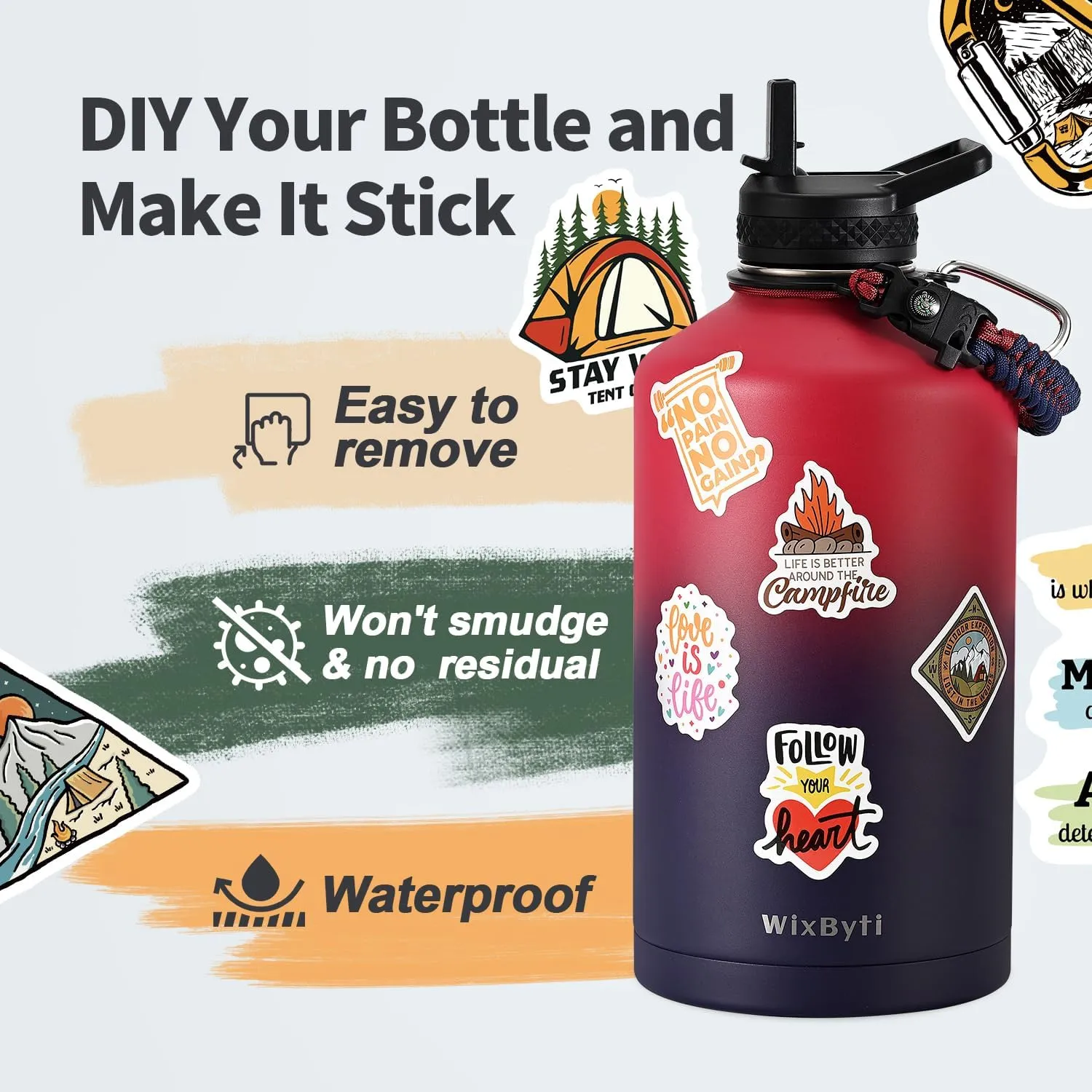 One Gallon Water Bottle Insulated, Triple Wall Vacuum Cold for 48 Hrs & Leak-proof & Non-BPA, 128oz Large Sports Stainless Steel Water Jug with Paracord Handle Straw Spout Lids & DIY Stickers
