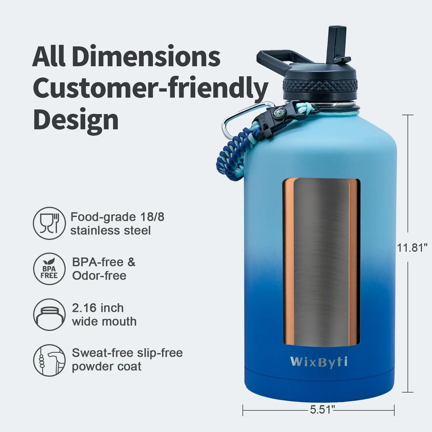 One Gallon Water Bottle Insulated, Triple Wall Vacuum Cold for 48 Hrs & Leak-proof & Non-BPA, 128oz Large Sports Stainless Steel Water Jug with Paracord Handle Straw Spout Lids & DIY Stickers