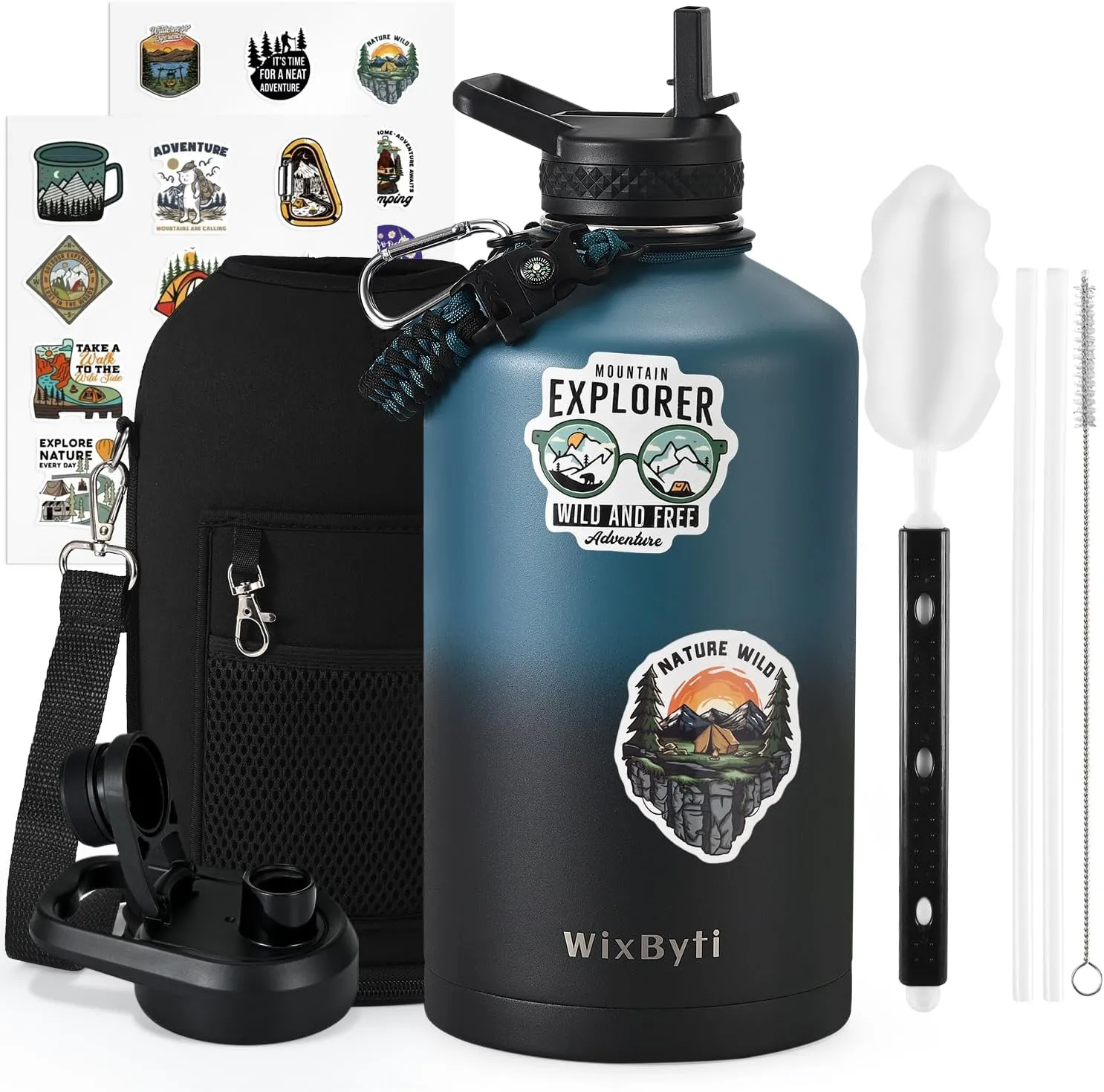 One Gallon Water Bottle Insulated with DIY Stickers, Triple Wall Vacuum Cold for 48 Hrs Leak-proof Non-BPA, 128oz Large Sports Stainless Steel Water Jug with Paracord Handle Straw Spout Lids