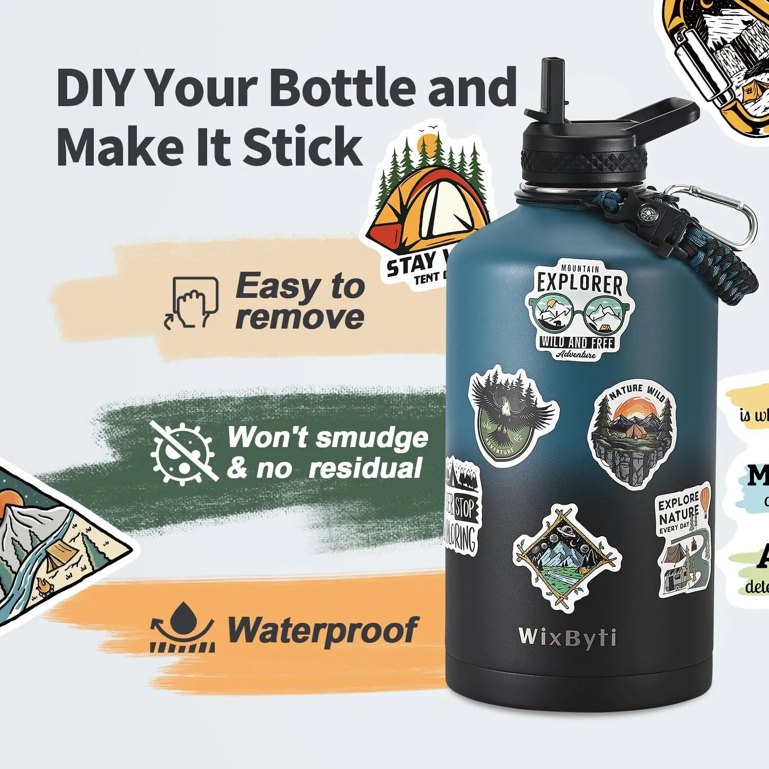 One Gallon Water Bottle Insulated with DIY Stickers, Triple Wall Vacuum Cold for 48 Hrs Leak-proof Non-BPA, 128oz Large Sports Stainless Steel Water Jug with Paracord Handle Straw Spout Lids