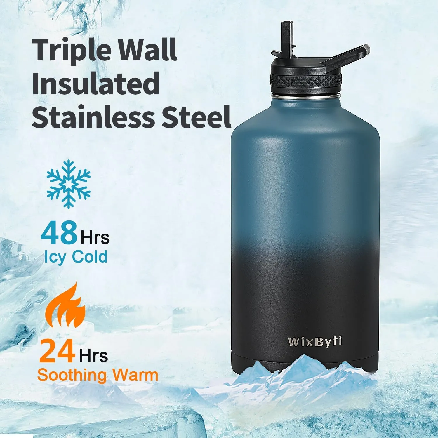 One Gallon Water Bottle Insulated with DIY Stickers, Triple Wall Vacuum Cold for 48 Hrs Leak-proof Non-BPA, 128oz Large Sports Stainless Steel Water Jug with Paracord Handle Straw Spout Lids